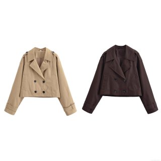 Women's Short Double-Breasted Trench Coat 100% Polyester Solid Lapel Jacket With Shoulder Straps For Daily Streetwear Fall Outerwear