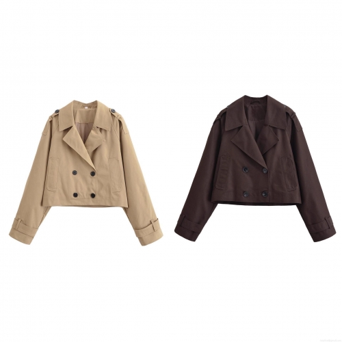 Women's Short Double-Breasted Trench Coat 100% Polyester Solid Lapel Jacket With Shoulder Straps For Daily Streetwear Fall Outerwear