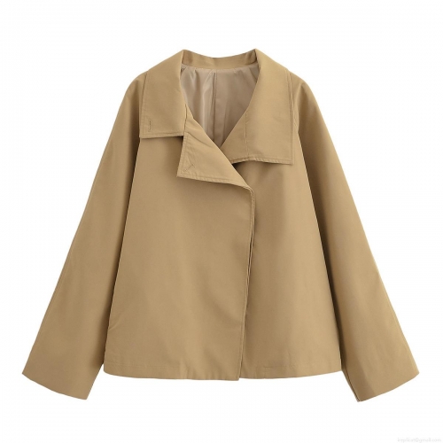 Women's Khaki Trench Coat Lapel Long Sleeve Single Breasted Windbreaker Jacket Streetwear Fall Outerwear Solid Color Button Poncho Style Coat Women