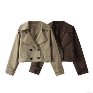 Women's Short Trench Coat Double Breasted Long Sleeve Lapel Jacket Polyester Solid Color Autumn Outerwear Casual Streetwear Style Windbreaker For Women