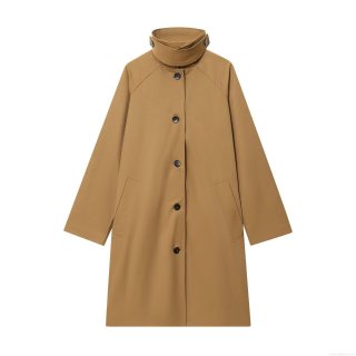 Women's Mid-Length Trench Coat Stand Collar Single Breasted Windbreaker With Raglan Sleeves And Checkered Lining Polyester Fall Jacket For Women