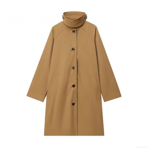 Women's Mid-Length Trench Coat Stand Collar Single Breasted Windbreaker With Raglan Sleeves And Checkered Lining Polyester Fall Jacket For Women