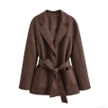 Women's Faux Suede Trench Coat With Waist Tie Belt Western Street Style Single Breasted Lapel Autumn Long Sleeve Jacket Coffee