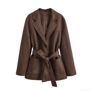Women's Faux Suede Trench Coat With Waist Tie Belt Western Street Style Single Breasted Lapel Autumn Long Sleeve Jacket Coffee