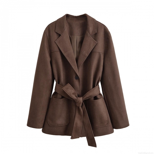 Women's Faux Suede Trench Coat With Waist Tie Belt Western Street Style Single Breasted Lapel Autumn Long Sleeve Jacket Coffee