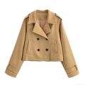 Women's Short Double Breasted Trench Coat Fashion Lapel Long Sleeve Jacket Solid Color Suede Feel Outerwear For Autumn Streetwear Khaki