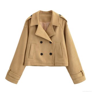 Women's Short Double Breasted Trench Coat Fashion Lapel Long Sleeve Jacket Solid Color Suede Feel Outerwear For Autumn Streetwear Khaki