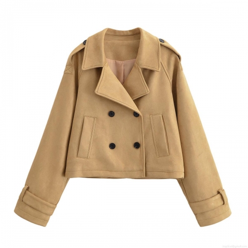 Women's Short Double Breasted Trench Coat Fashion Lapel Long Sleeve Jacket Solid Color Suede Feel Outerwear For Autumn Streetwear Khaki