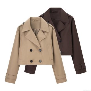Women's Short Double Breasted Trench Coat Polyester Solid Color Lapel Long Sleeve Streetwear Fashion Jacket Autumn Outerwear