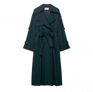 Women's Long Trench Coat Polyester Double Breasted Belted Waist Overcoat Windproof Loose Casual Autumn Outwear For Street Style Women