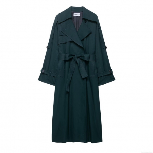 Women's Long Trench Coat Polyester Double Breasted Belted Waist Overcoat Windproof Loose Casual Autumn Outwear For Street Style Women