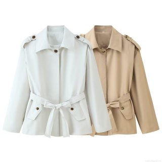 Women's European Style Trench Coat Autumn Casual Polyester Twill Lapel Long Sleeve Outerwear With Waist Tie Belt Epaulettes Single Breasted Flap Pockets Jacket