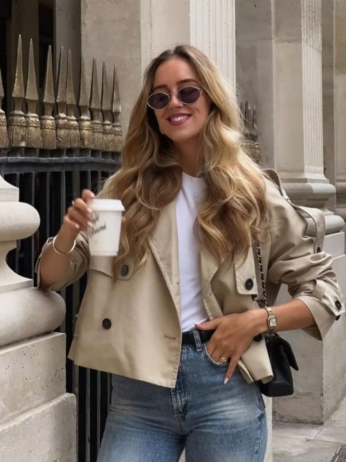 Women's Classic Short Trench Coat Double Breasted Lapel Windbreaker Jacket With Belt Autumn Solid Color Long Sleeve Fashion Outwear