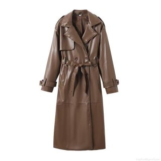 Women's PU Leather Trench Coat Long Double Breasted Faux Leather Jacket With Belt Streetwear European Style Windbreaker Outerwear Autumn Winter