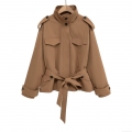 Women's Short Trench Coat Polyester Belted Waist Stand Collar Windproof Jacket For Daily Casual Street Style Autumn Winter