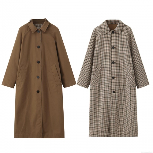 Women's Reversible Long Trench Coat Polyester Blend Single Breasted Lapel Windbreaker Jacket Vintage British Style Streetwear Autumn Winter Overcoat