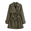 Women's Mid-Length Trench Coat With Belt 100% Polyester Double-Breasted Lapel Long Sleeve Windbreaker Jacket For Autumn Streetwear Ladies Army Green