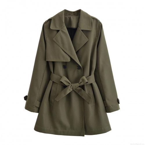 Women's Mid-Length Trench Coat With Belt 100% Polyester Double-Breasted Lapel Long Sleeve Windbreaker Jacket For Autumn Streetwear Ladies Army Green