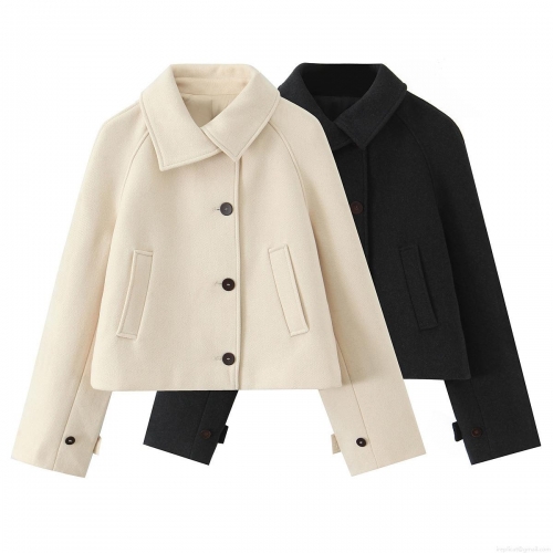 Women Modern Short Trench Coat Jacket Woolen Feel Polyester Fabric Asymmetric Lapel Long Sleeve Single Breasted With Pockets Autumn Winter Chic Streetwear Outerwear