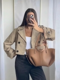 Women's Casual Short Trench Coat Double Breasted Lapel Jacket Long Sleeve Outerwear With Epaulettes Classic Solid Color Autumn Fashion Coat For Women