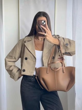 Women's Casual Short Trench Coat Double Breasted Lapel Jacket Long Sleeve Outerwear With Epaulettes Classic Solid Color Autumn Fashion Coat For Women