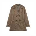 Women's Suede Polyester Double Breasted Trench Coat Belted Mid Length Lapel Windbreaker Jacket Casual Streetwear Style For Autumn