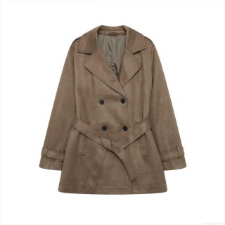 Women's Suede Polyester Double Breasted Trench Coat Belted Mid Length Lapel Windbreaker Jacket Casual Streetwear Style For Autumn