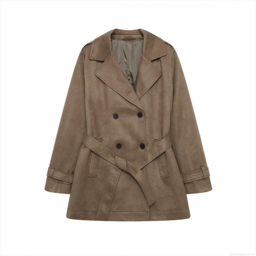 Women's Suede Polyester Double Breasted Trench Coat Belted Mid Length Lapel Windbreaker Jacket Casual Streetwear Style For Autumn