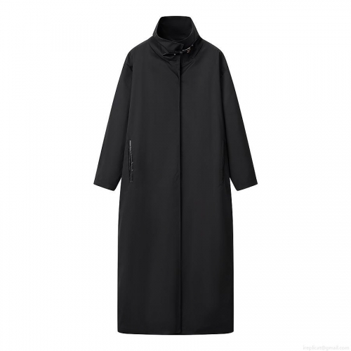 Women's Long Trench Coat Stand Collar Long Sleeve Streetwear Black Overcoat With PU Leather Detail And Metal Buckle Solid Casual Autumn Winter Outerwear