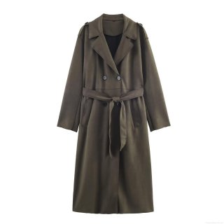 Women's Double Breasted Long Trench Coat Faux Suede Polyester Windbreaker With Belt Epaulette Streetwear Autumn Winter Jacket For Lady