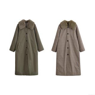 Women's Long Trench Coat Faux Fur Collar Reversible Overcoat 100% Polyester Plaid Solid Jacket Streetwear Outerwear For Autumn Winter