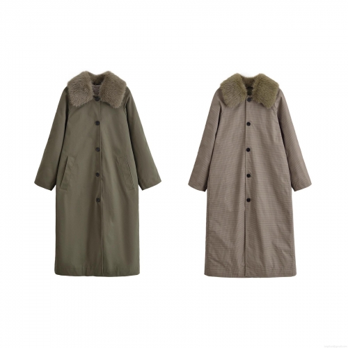 Women's Long Trench Coat Faux Fur Collar Reversible Overcoat 100% Polyester Plaid Solid Jacket Streetwear Outerwear For Autumn Winter
