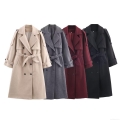 Women's Long Woolen Coat With Belt Double Breasted Trench Coat Large Lapel Jacket Outerwear For Winter Autumn Streetwear Elegant Ladies Windbreaker