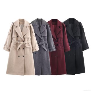Women's Long Woolen Coat With Belt Double Breasted Trench Coat Large Lapel Jacket Outerwear For Winter Autumn Streetwear Elegant Ladies Windbreaker