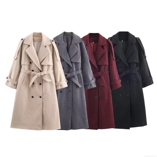Women's Long Woolen Coat With Belt Double Breasted Trench Coat Large Lapel Jacket Outerwear For Winter Autumn Streetwear Elegant Ladies Windbreaker