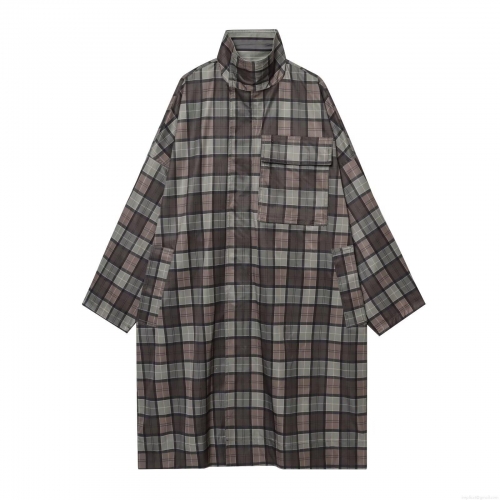 Women's Retro Plaid Trench Coat Stand Collar Loose Mid-Length Long Sleeve Shirt Jacket Casual Cotton Blend Outerwear For Women