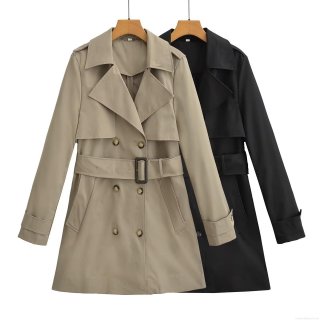 Women's Fashion Double Breasted Trench Coat With Belt Classic Long Sleeve Mid-Length Casual Loose Windbreaker Jacket Office Outerwear Solid Color Design