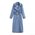 Women's Long Denim Trench Coat Double-Breasted Cotton Blend Jacket With Adjustable Belt Lapel Collar Casual Autumn Winter Fashion Outwear For Women