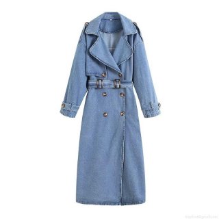 Women's Long Denim Trench Coat Double-Breasted Cotton Blend Jacket With Adjustable Belt Lapel Collar Casual Autumn Winter Fashion Outwear For Women