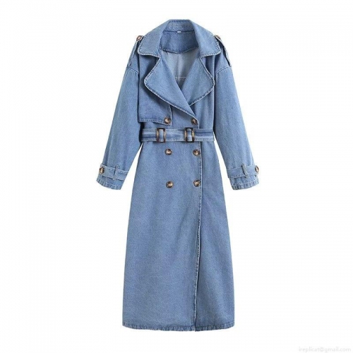 Women's Long Denim Trench Coat Double-Breasted Cotton Blend Jacket With Adjustable Belt Lapel Collar Casual Autumn Winter Fashion Outwear For Women