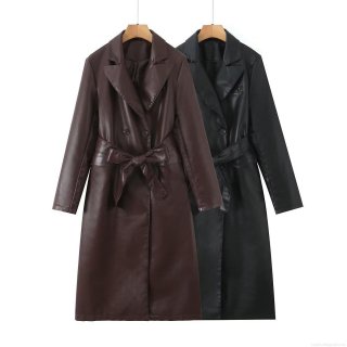 Women Long PU Faux Leather Trench Coat With Belt Elegant Lapel Double Breasted Long Sleeve Solid Windbreaker Jacket Polyester Lining Outerwear For Lady