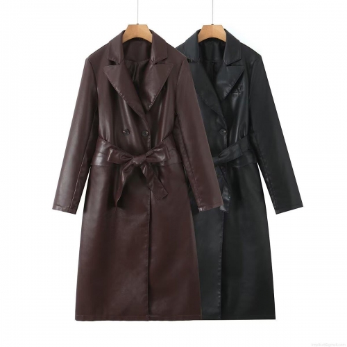 Women Long PU Faux Leather Trench Coat With Belt Elegant Lapel Double Breasted Long Sleeve Solid Windbreaker Jacket Polyester Lining Outerwear For Lady