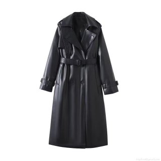 Women's PU Leather Long Trench Coat With Belt Elegant Double Breasted Faux Leather Overcoat For Office Lady Autumn Spring Fashion Jacket