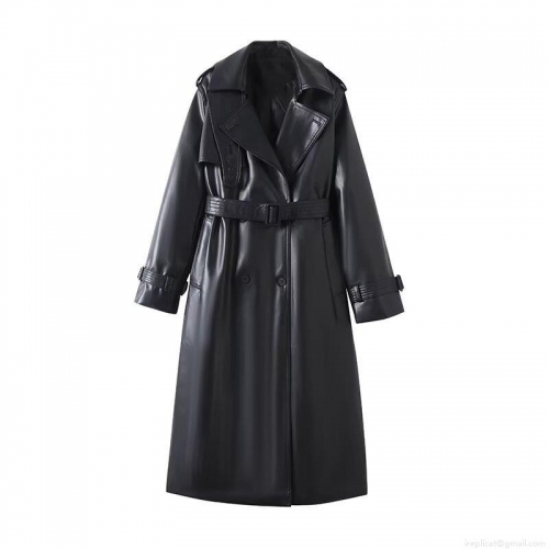 Women's PU Leather Long Trench Coat With Belt Elegant Double Breasted Faux Leather Overcoat For Office Lady Autumn Spring Fashion Jacket