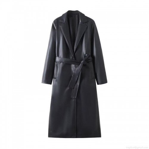 Women's Fashion PU Leather Trench Coat Elegant Lapel Belted Faux Leather Long Windbreaker Maxi Jacket For Women Autumn Winter Outwear Casual Streetwear