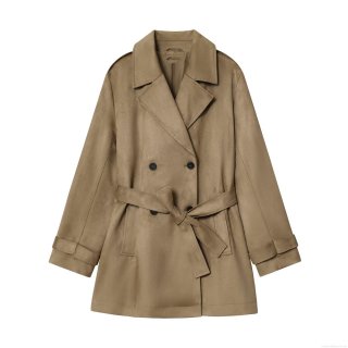 Women Elegant Faux Suede Trench Coat Mid-Length Double-Breasted Windbreaker Jacket With Belt Autumn Fashion Commuting Solid Color Outerwear