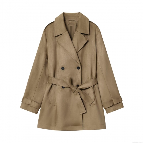 Women Elegant Faux Suede Trench Coat Mid-Length Double-Breasted Windbreaker Jacket With Belt Autumn Fashion Commuting Solid Color Outerwear