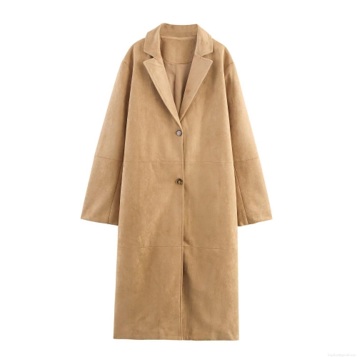 Women's Elegant Long Suede Trench Coat With Revers Lapel Tortoiseshell Buttons Camel Color Autumn Winter Casual Commute Loose Outwear Coat For Women