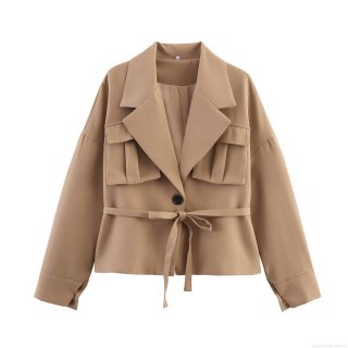 Women's Casual Solid Color Lapel Belted Jacket 100% Polyester Autumn Fashion Long Sleeve Outerwear With Patch Pockets Trench Coat For Women