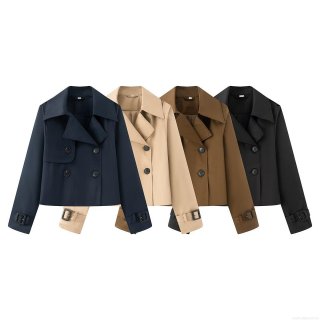 Women's Short Double Breasted Trench Coat Jacket With Large Lapel And Cuff Straps Fashion Casual Commuting Polyester Spandex Blend Outerwear Autumn Top